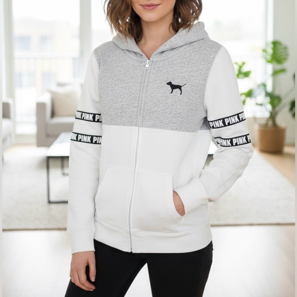 PINK Victoria’s Secret || Colorblock Full-Zip Hoodie in Gray/White - SZ XS